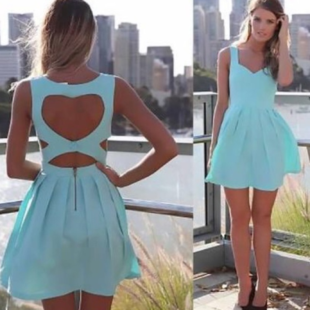 Mint green heart cut on back of dress